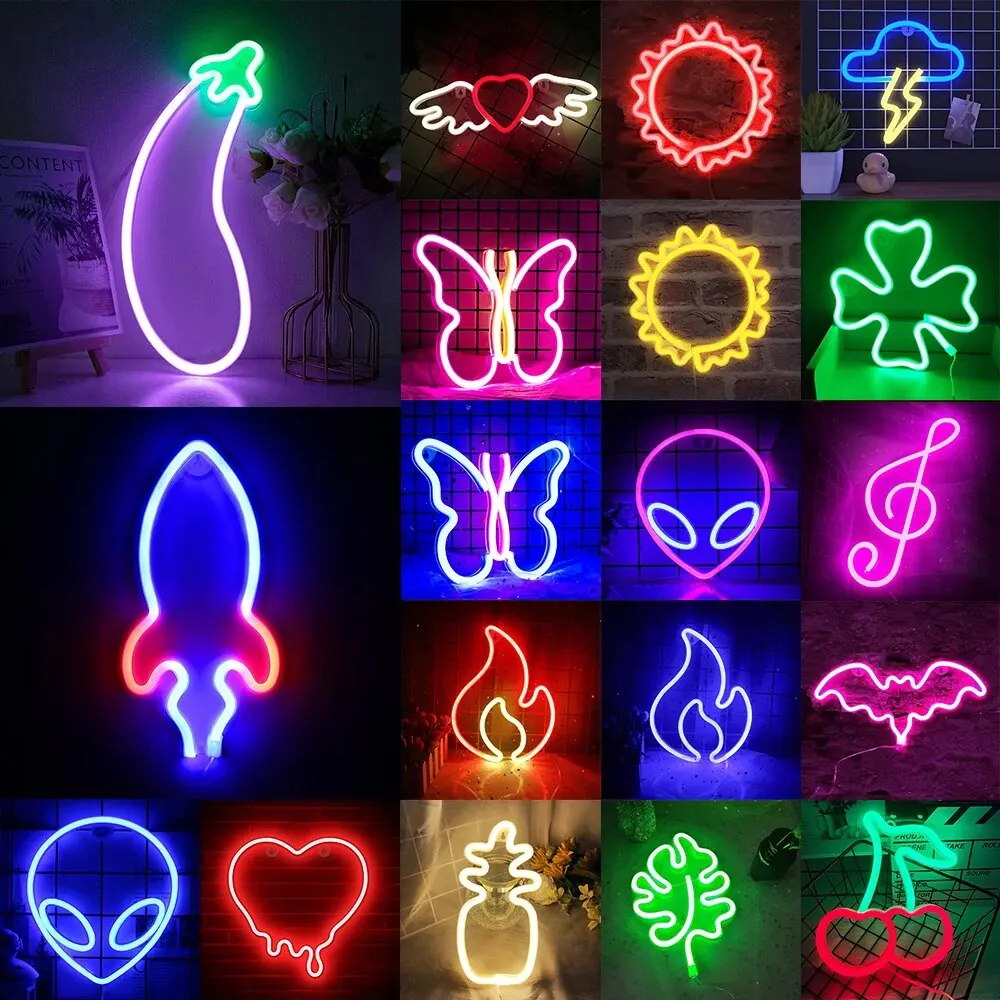 LED Neon Sign Night Lights Music Note Butterfly Heart Battery USB Powered Alien Light Art Wall for Bedroom Kids Party Home Decor