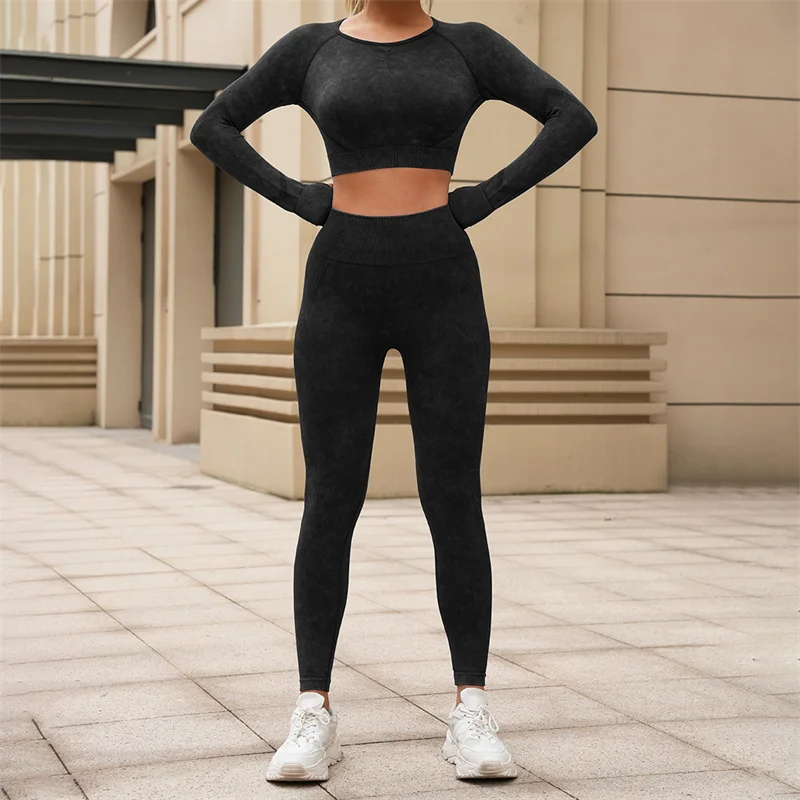 SVEIC Washing Yoga Sports Set Pants Fitness Women Long Sleeves High Waist Leggings Two Piece Suits Workout Training Gym Clothing