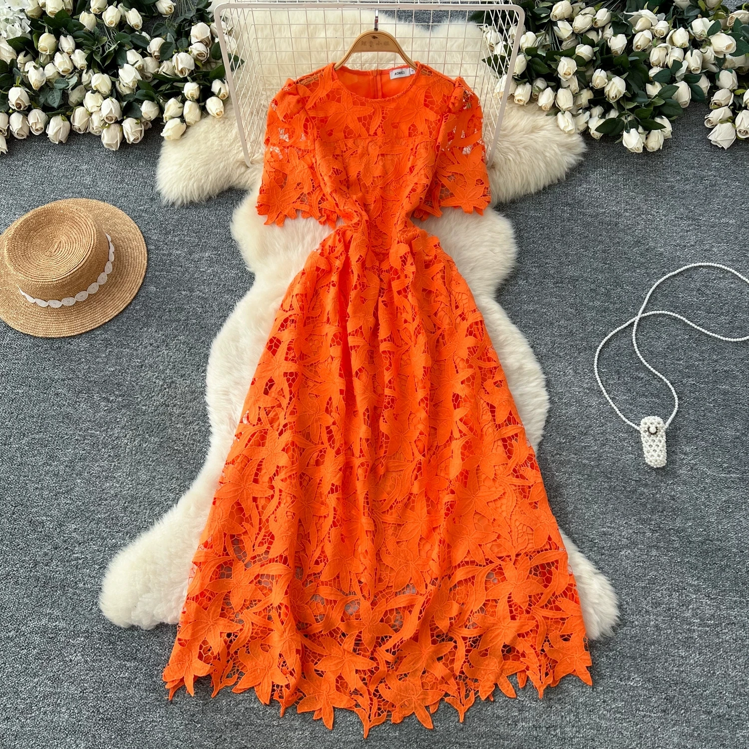 

French Designer Fashion Lace Hollow Out Long Dress Women Summer Short Sleeve Flower Embroidery Mid-Length High Quality Vestidos