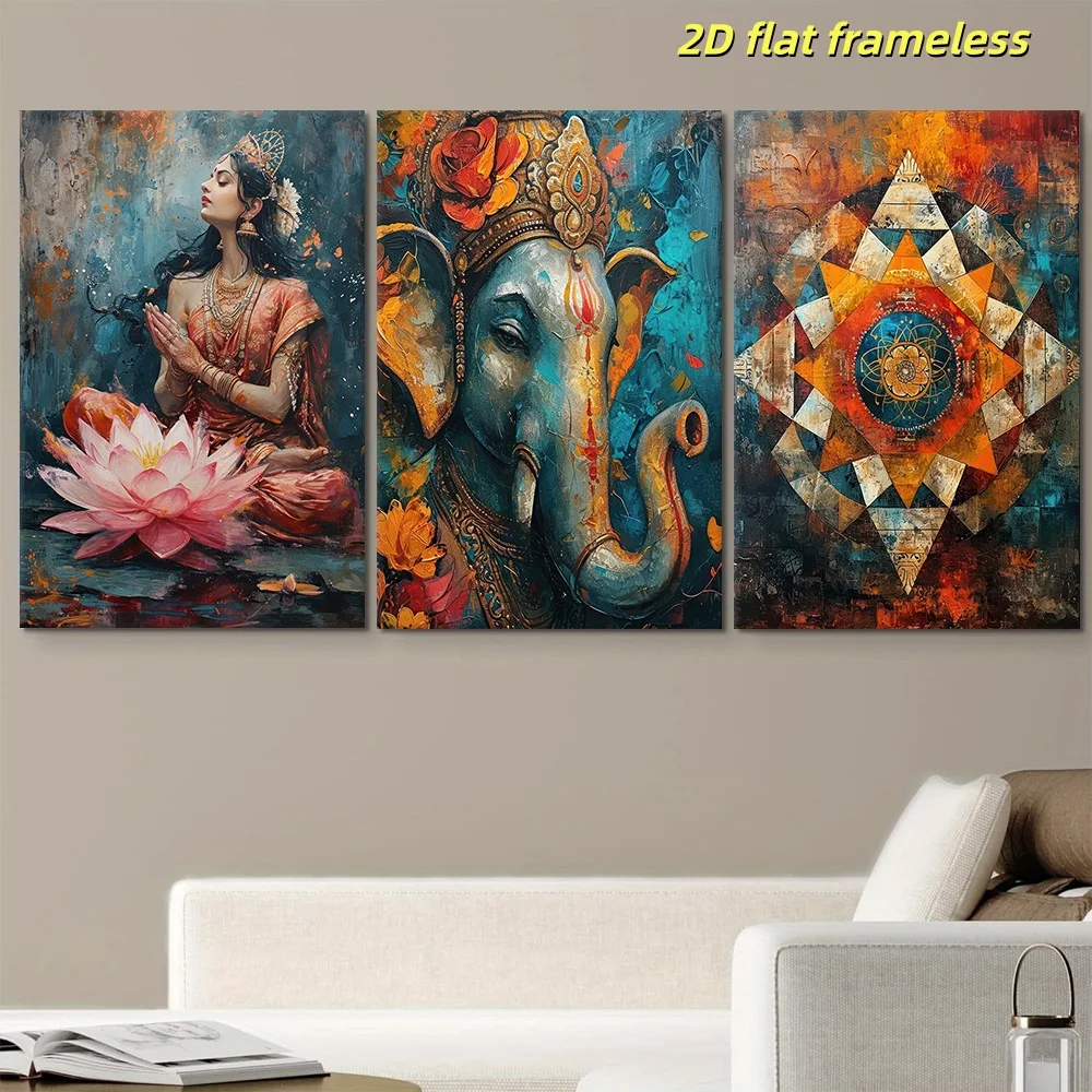 3-piece set of decorative paintings of Hindu goddess Lakshmi, meditation lotus seat, canvas hanging painting, living room entran