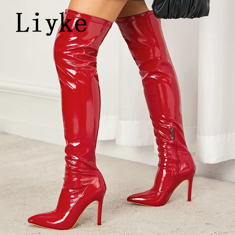Liyke Sexy Pointed Toe Zip Motorcycle Over The Knee Boots Women Cozy White Leather Autumn Winter Thigh High Shoes Stiletto Heels