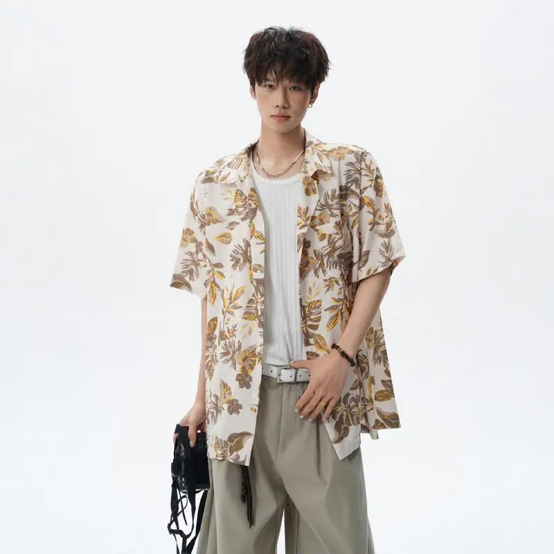 Men's Green Vintage Floral Print Cuban Collar Short Sleeve Shirt Loose Fit Breathable Casual Hawaiian Streetwear Summer Resort