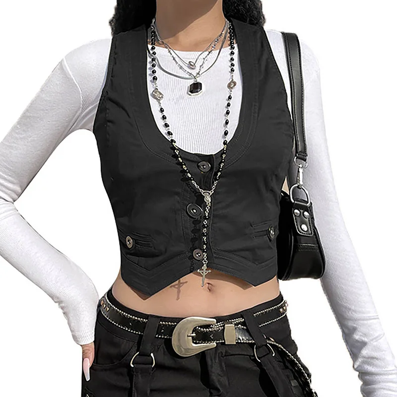 90s 00s Vintage Waistcoat Punk Style Tank Top Y2K Aesthetic Fairycore Grunge Button Up V Neck Skinny Corset Streetwear