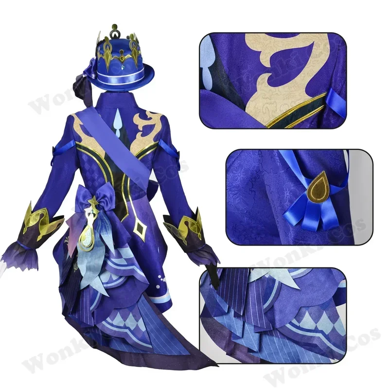 Furina disfraz de Cosplay, traje negro con sombrero de impacto, peluca, pelo, zapatos, fiesta