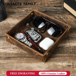 Retro Genuine Leather Storage Tray Desktop Organizer For Key Jewelry Coins Cable Cosmetic Storage Box Home Decoration