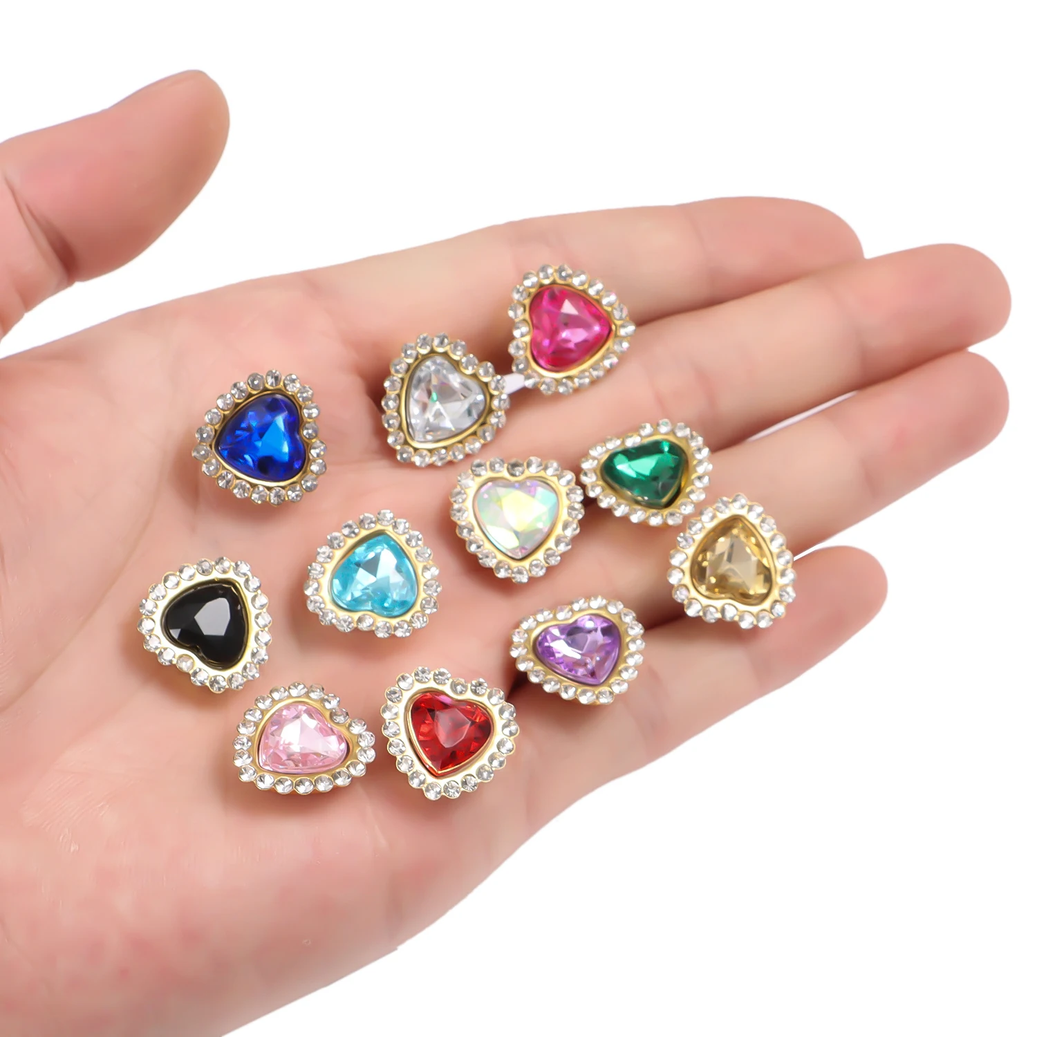 30pcs 10mm Peach Heart Sunflower Gold Flat Bottom Hand Sew On Glue On Rhinestone DIY Clothes Shoes Bag Hair Jewelry Accessory