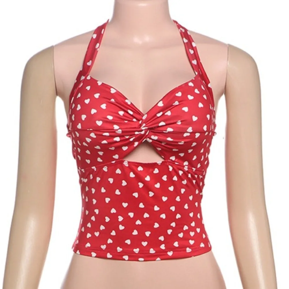 

Stylish Dot Sleeveless Crop Top Korean Style Love Heart Halter Vest Top Lace Up Slim Fit Women Camisole Female