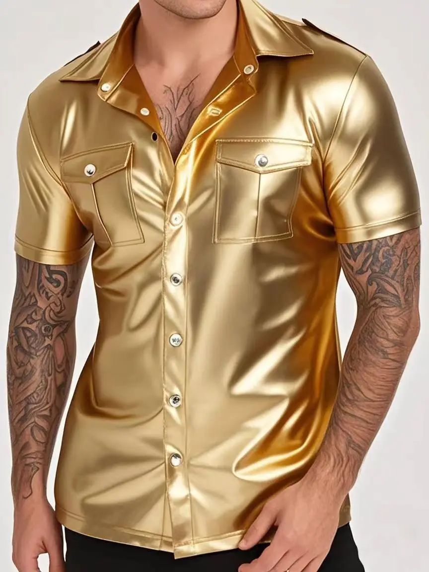 Men's PU leather shirts elastic short sleeve superior quality
