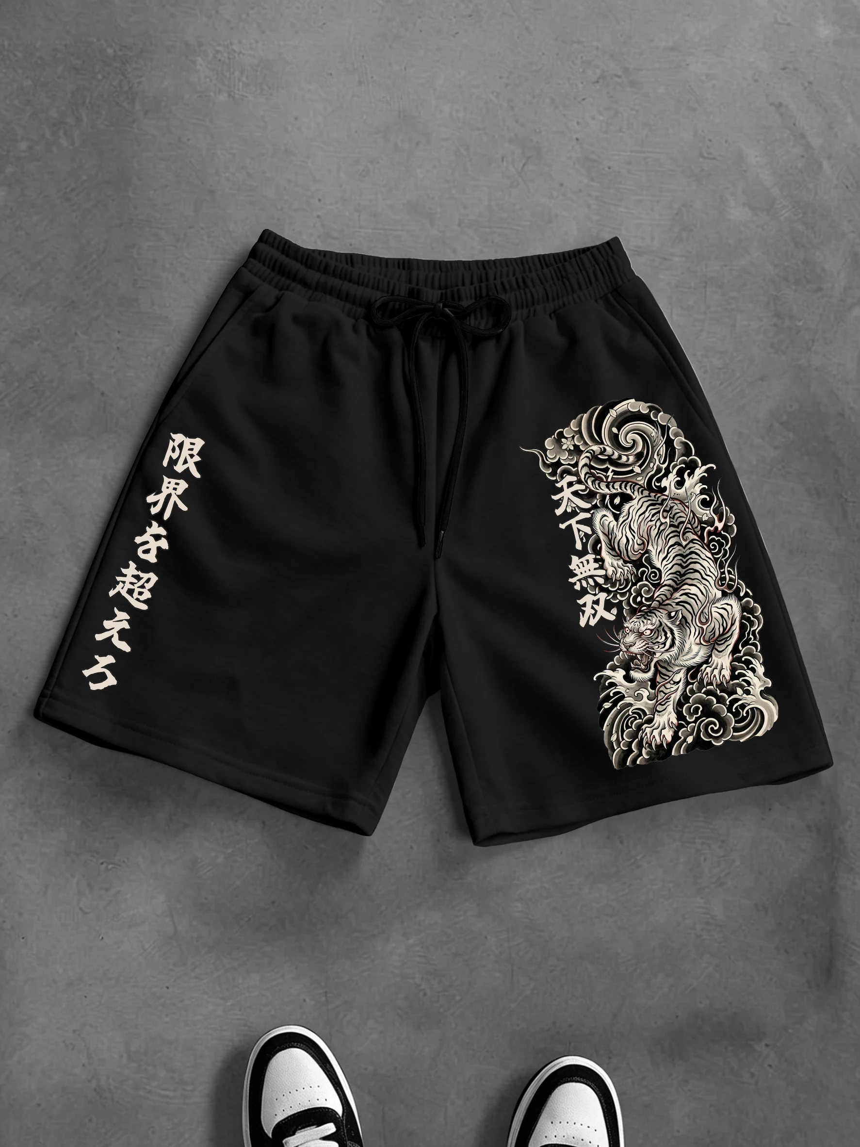 

Men's Oversized Japanese Streetwear Shorts Brand White Tiger Tattoo Kanji Print Polyester Black Multi Color Shorts S-2XL All Siz