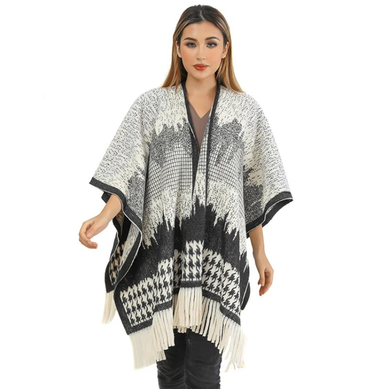 

Houndstooth Knitted Flow Speed Shawl Thickened Warm Autumn Winter Scarf Factory Direct Women