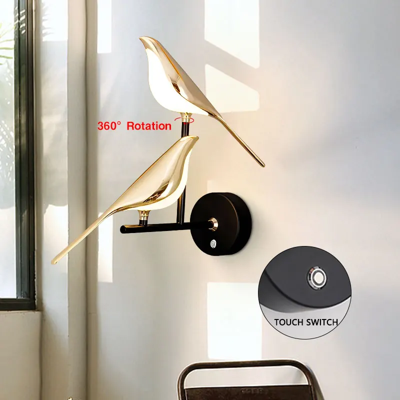 Imagem -05 - Magpie Bird-toque Ligar e Desligar Lâmpada de Parede Cabeceira Luminária 360 ° Rotativo Foyer Wall Sconce Quarto Sala Ac85265v