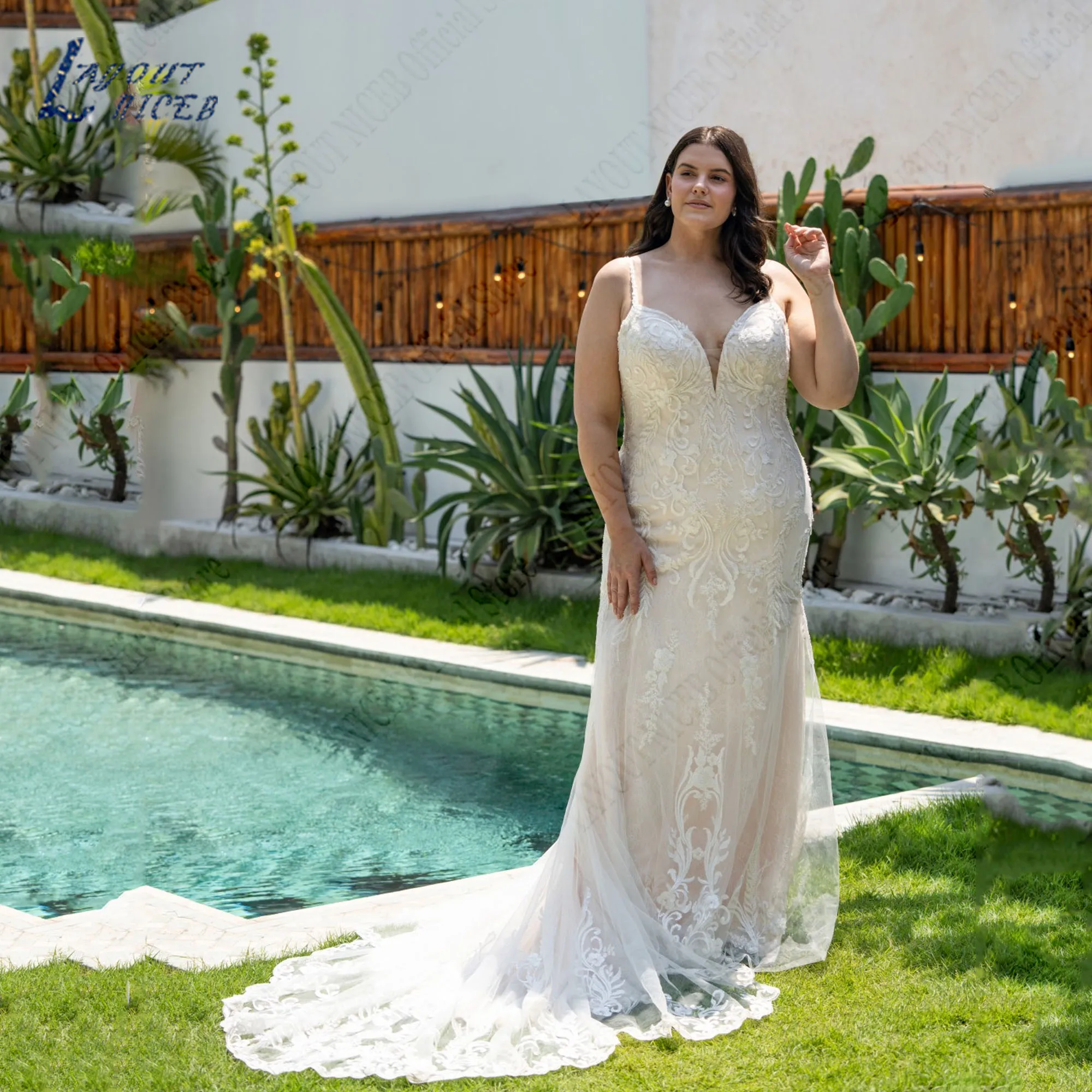 NICEB-vestido De Novia con cuello en V y tirantes finos, prenda De lujo con apliques De sirena, sin mangas, Tallas grandesDiseño niceb vestido de novia de cuello V con calcomanías de correa de pasta de sirena chaleco d