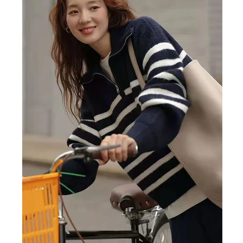 Pull ample à rayures rétro pour femme, manches longues, Semi-fermeture éclair, revers, pull décontracté, hauts tricotés, vêtements à la mode, nouvelle collection automne hiver