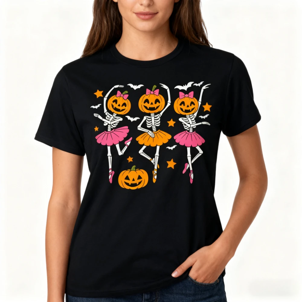 

Girls Halloween Ballet Skeleton Pumpkin Shirt Funny Dance Skeleton Women T-Shirt Ballerina Fashion Casual Tee Daily Life Tops