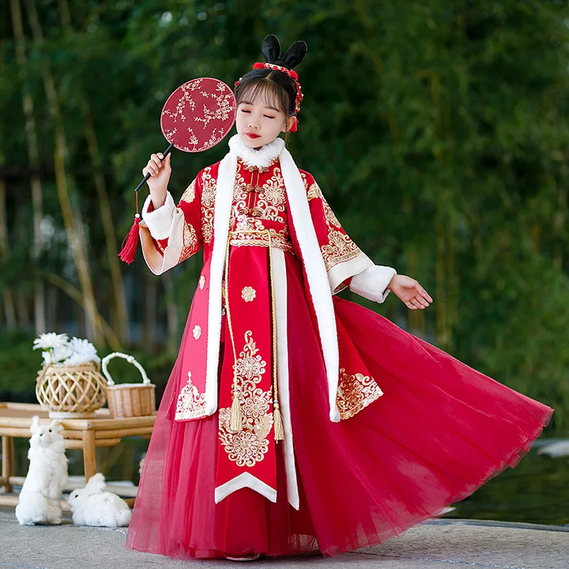 

Girls Fairy Hanfu Children Warm Tang Suit Kids Winter Quilted Embroidery Party Dress With Coat Chinese New Year's Clothing