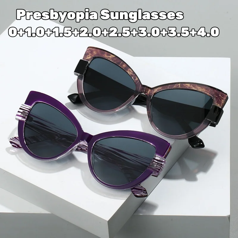 

New Fashionable Color-Blocked Cat-Eye Sunglasses with Plus Diopters Casual Versatile Outdoor UV-Protective Eyewear 0 To +4.0