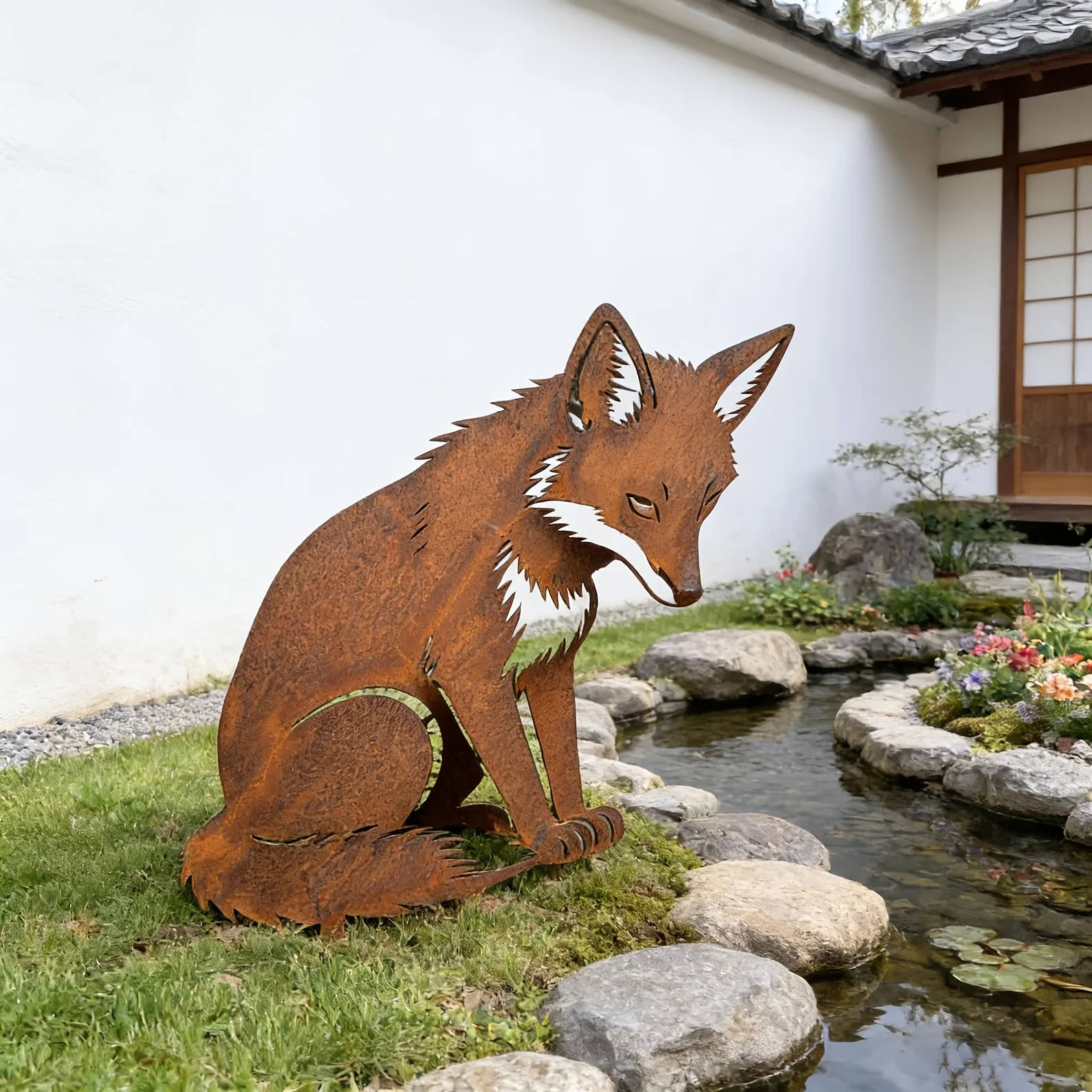 Bonsai Garden Ornaments - [2D Plat] Roestige Meditatieve Vos Tuindecoratie,