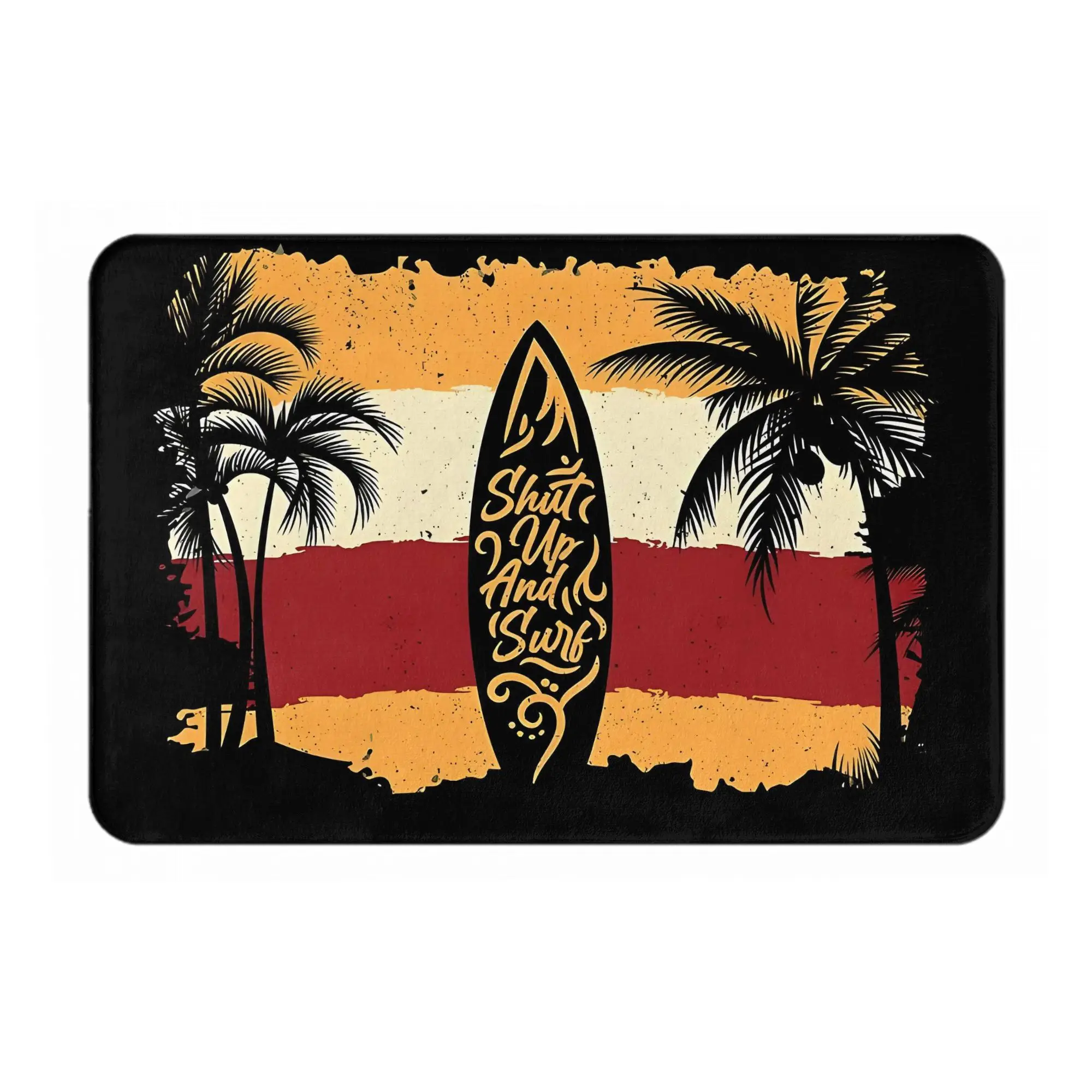 Retro Tropical Surf Doormat, Palm Tree Sunset Surfboard Non Slip Floor Mat, Bohemian Beach Style Entrance Rug for Indoor Entrywa