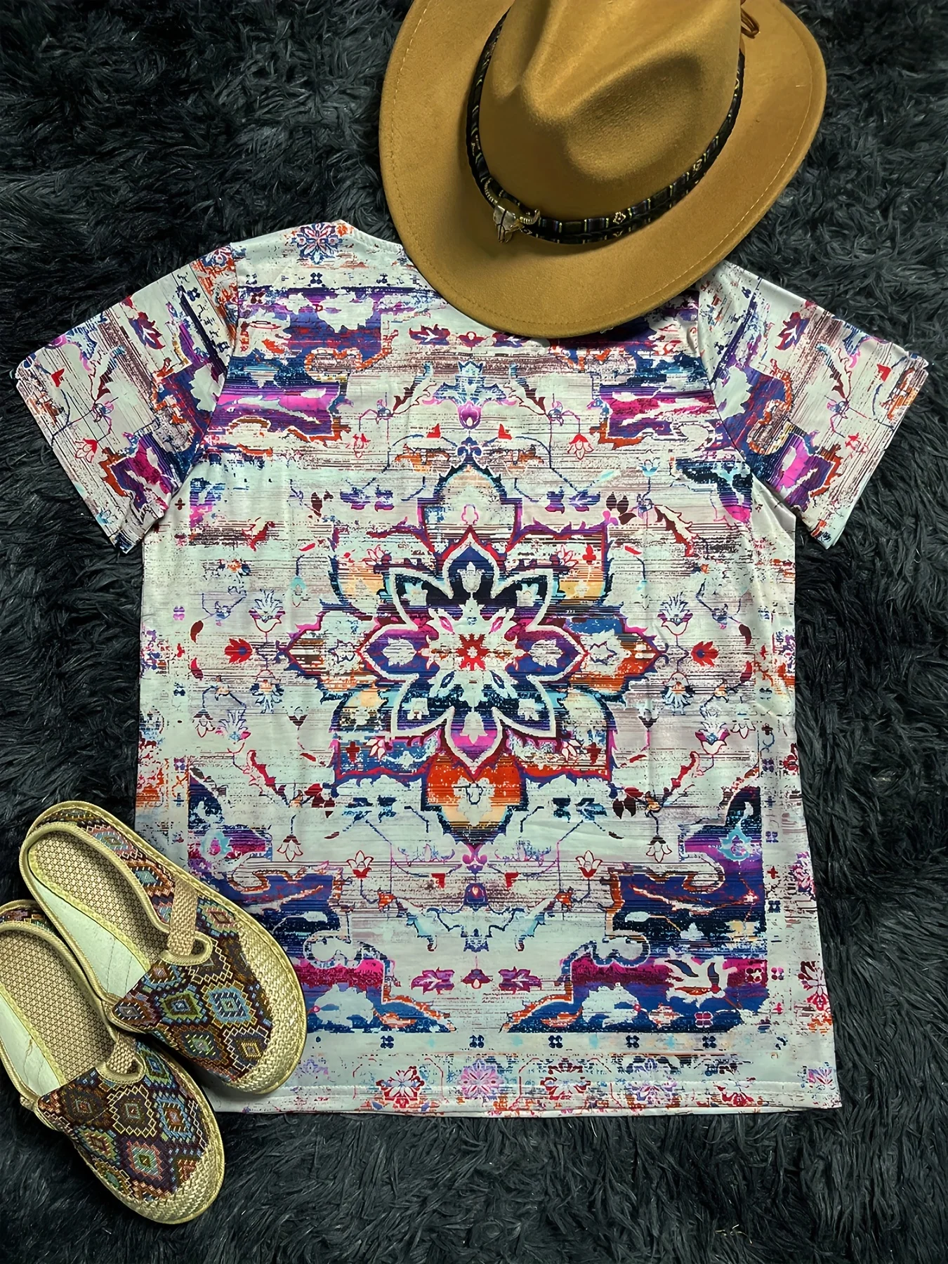 Women's Western Style Printed Short Sleeve T-Shirt Casual Round Neck Printed Short Sleeve T-Shirt