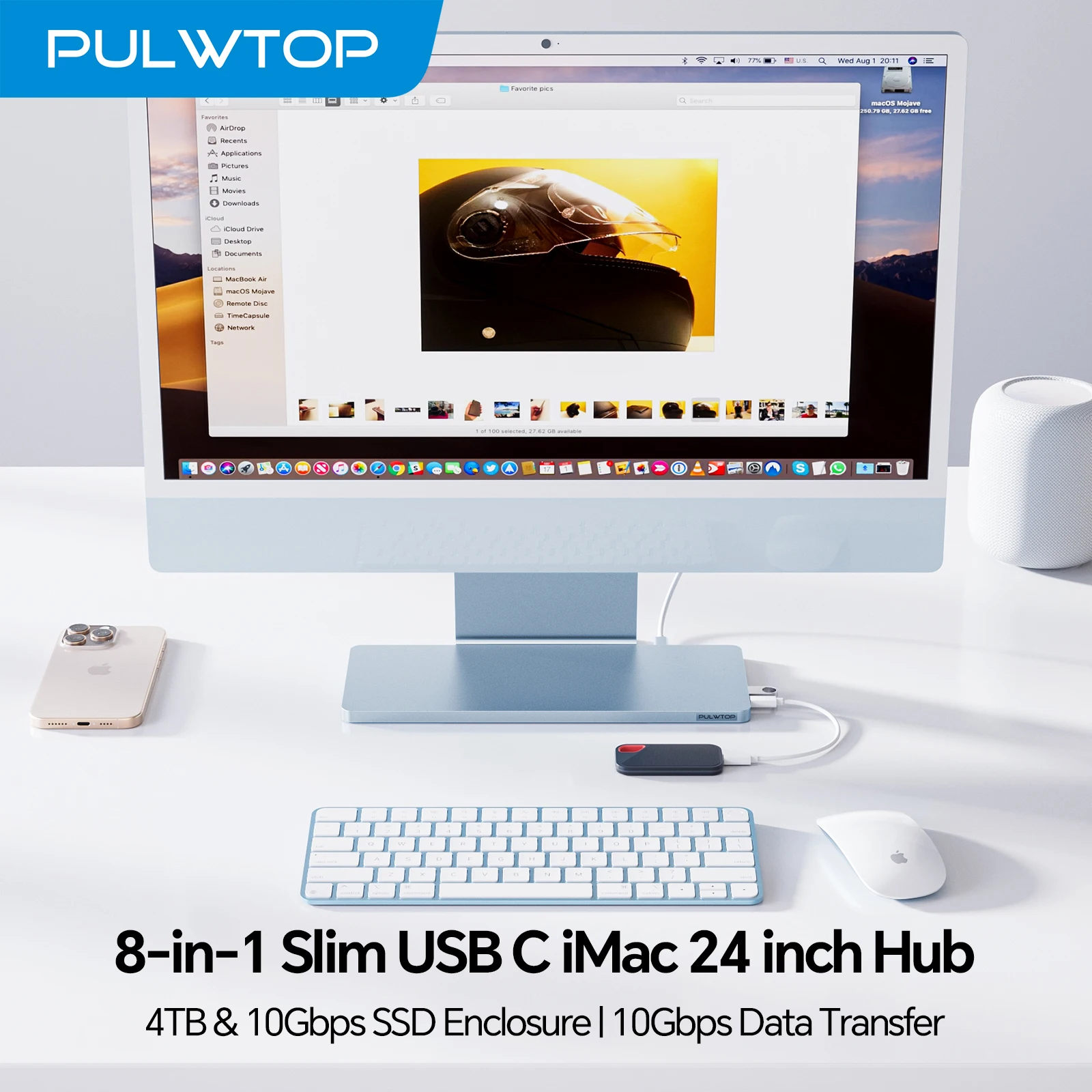 

PULWTOP iMac USB C Hub с USB A/C 3.2 10 Гбит/с, 2 USB A 2.0, SD/TF, M.2 SSD (SSD не входит в комплект) для iMac 24 дюйма 2021 2023 2024