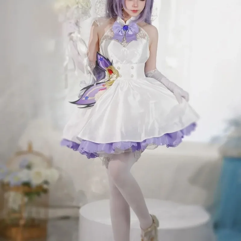 Keqing Bridal Lolita for Women Genshin Impact Cosplay Costume Cute White Dress Gloves Socks Wig Suit Comic-Con Roleplay Set