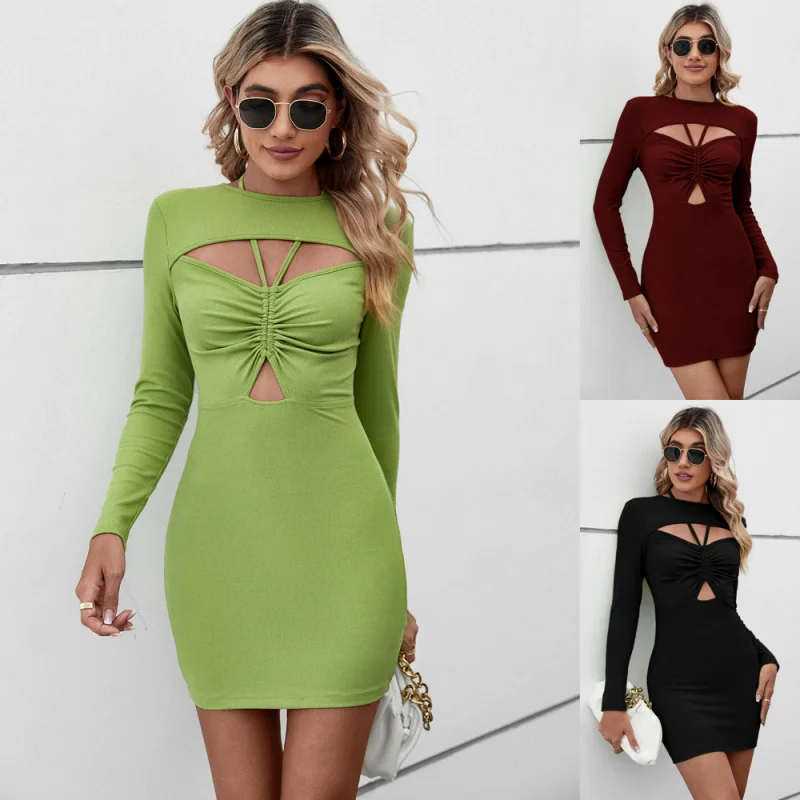 YQ1-Spring verão novo estilo estação independente confortável casual halter oco bodycon vestido de manga curta longa