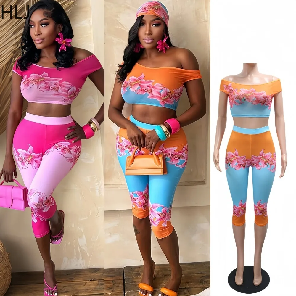 HLJ 2026 Nuevo Conjunto de 2 Piezas con Estampado Floral para Mujer, Top Corto de Manga Corta con Hombros Descubiertos + Pantalones Capri de Cintura Alta, Ropa Casual de Verano para la Calle