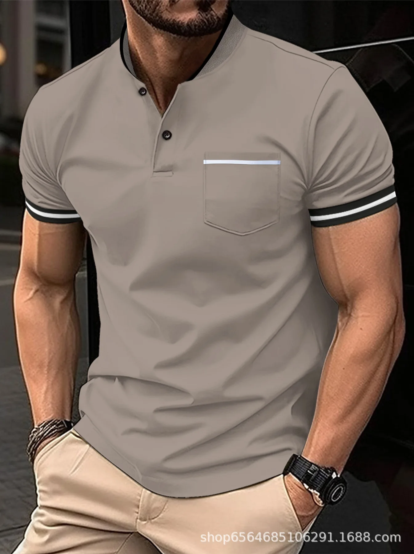 2024 summer new men\'s casual slim fashion short-sleeved solid color standing collar pocket Polo shirt