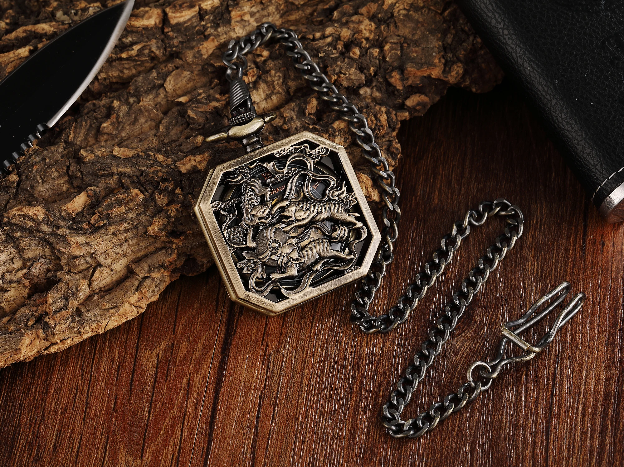 Luxury Phoenix Kirin Dragon Hollow Mechanical Pocket Watch for Men Male Old Orologio Man Chain Watches Roman Numeral Clock