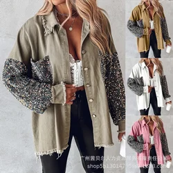 Women Shirt Jacket Contrast Sequin Raw Hem Shacket Long Sleeve Loose Single Breasted