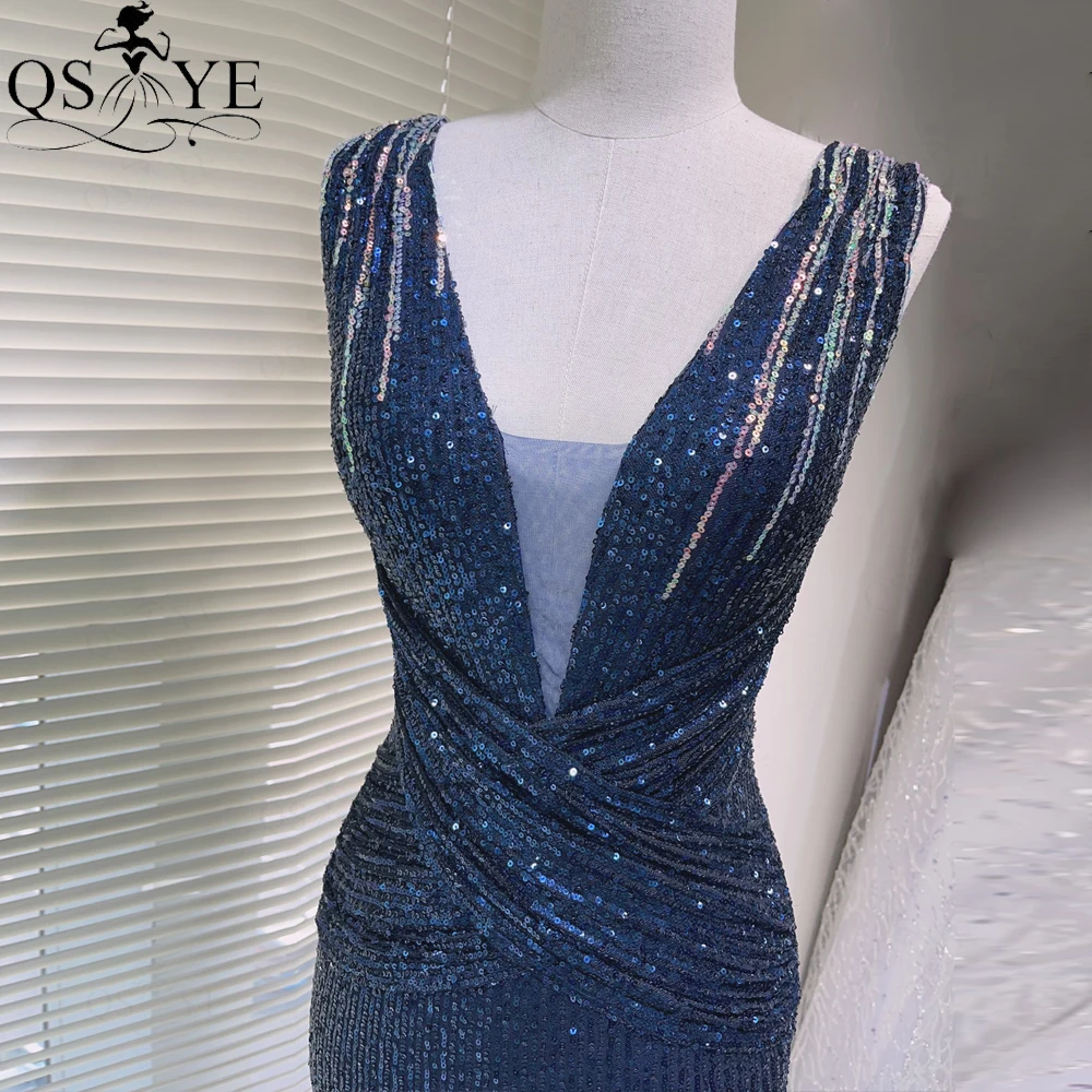 Fade Sequin Navy Evening Dresses Full Mermaid V Neck Crisscross Prom Gown GlitterSleeveless Ruched VNeck Gold Bottom Formal Gown