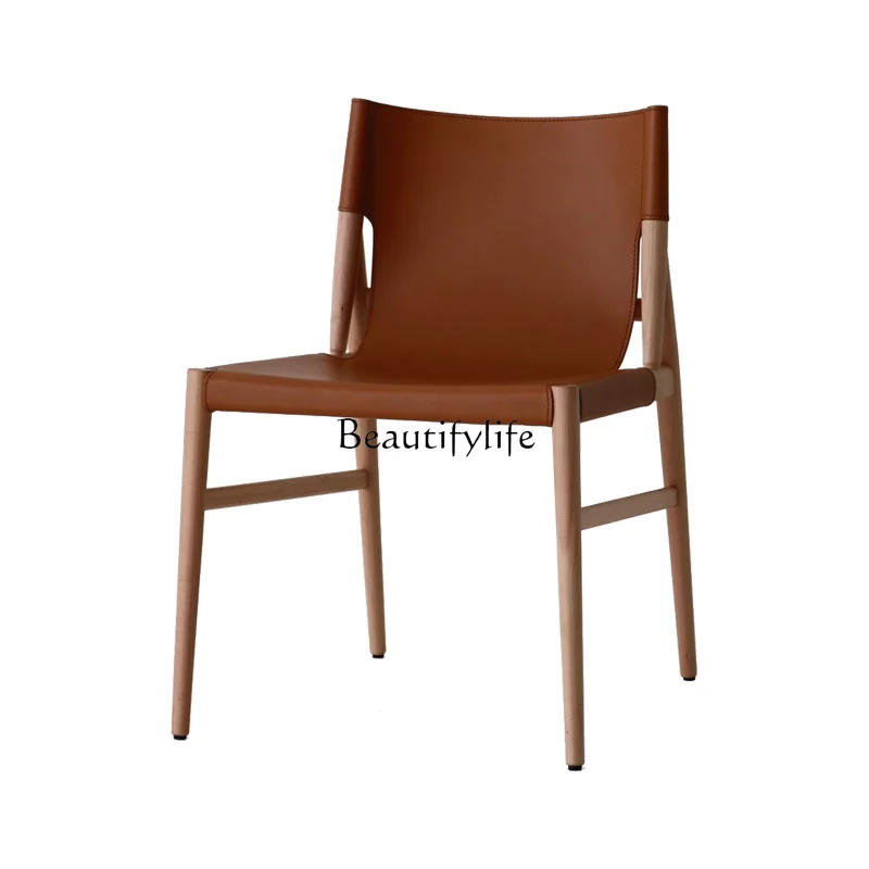 

Saddle leather designer Nordic solid wood dining chair club cafe back chair