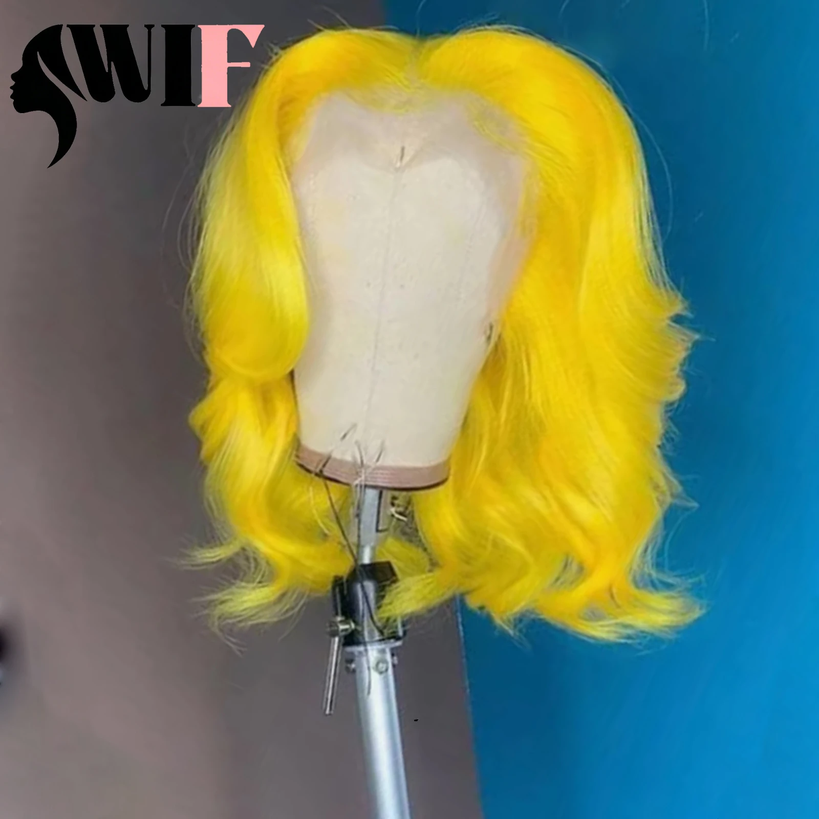 WIF Żółta kolorowa peruka z krótkim bobem i falowaną syntetyczną koronką Ombre Żółty Bob Fibre Hair Body Wave Lace Frontal Wigs Makeup Cosplay Use