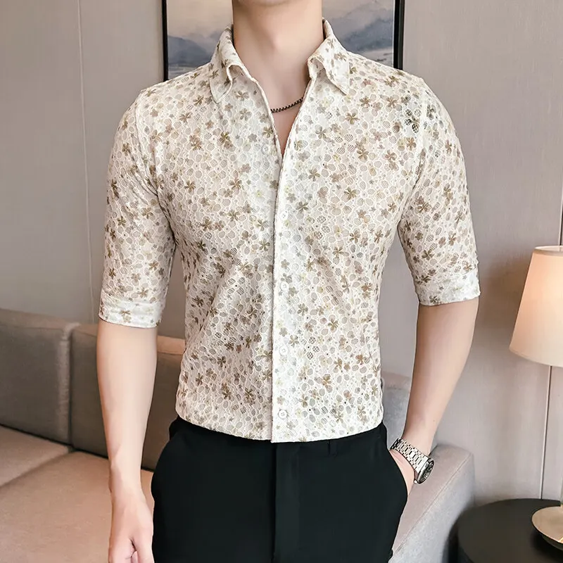 

2025 Summer Mens Business Office Shirts Men Casual Short Sleeve Shirt Male Slim Fit Flower Print Shirts Man Fashion Dress Shirt