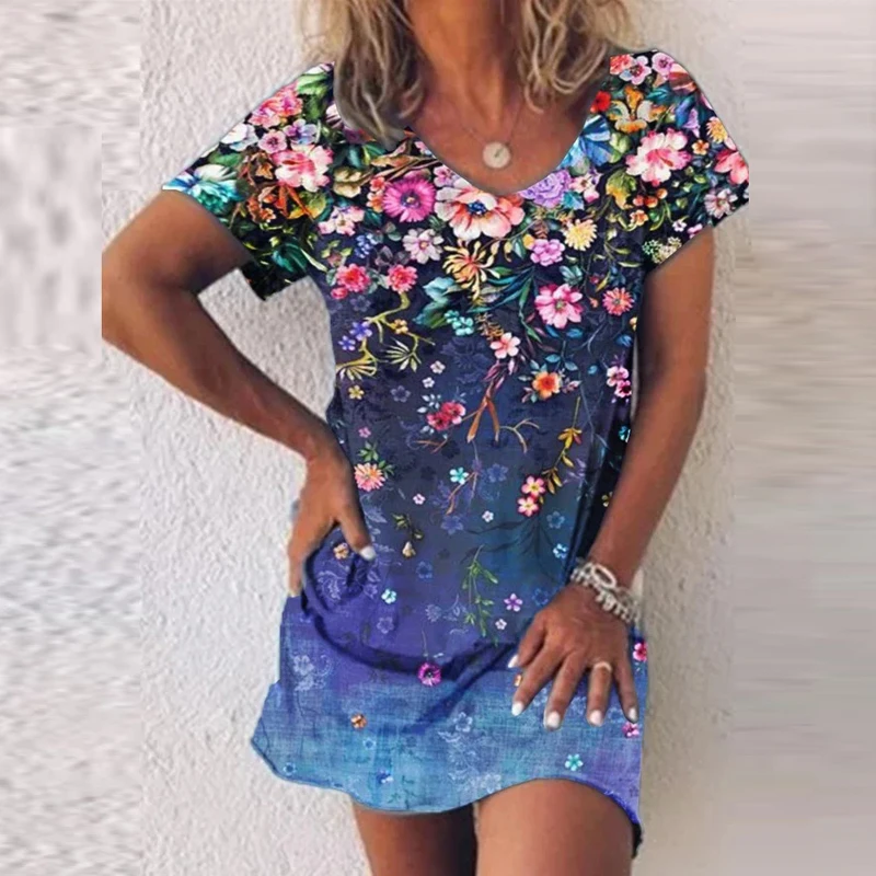 Vestido de verano con estampado Floral para mujer, ropa elegante con cuello en V, jersey de manga corta a la moda, 2023