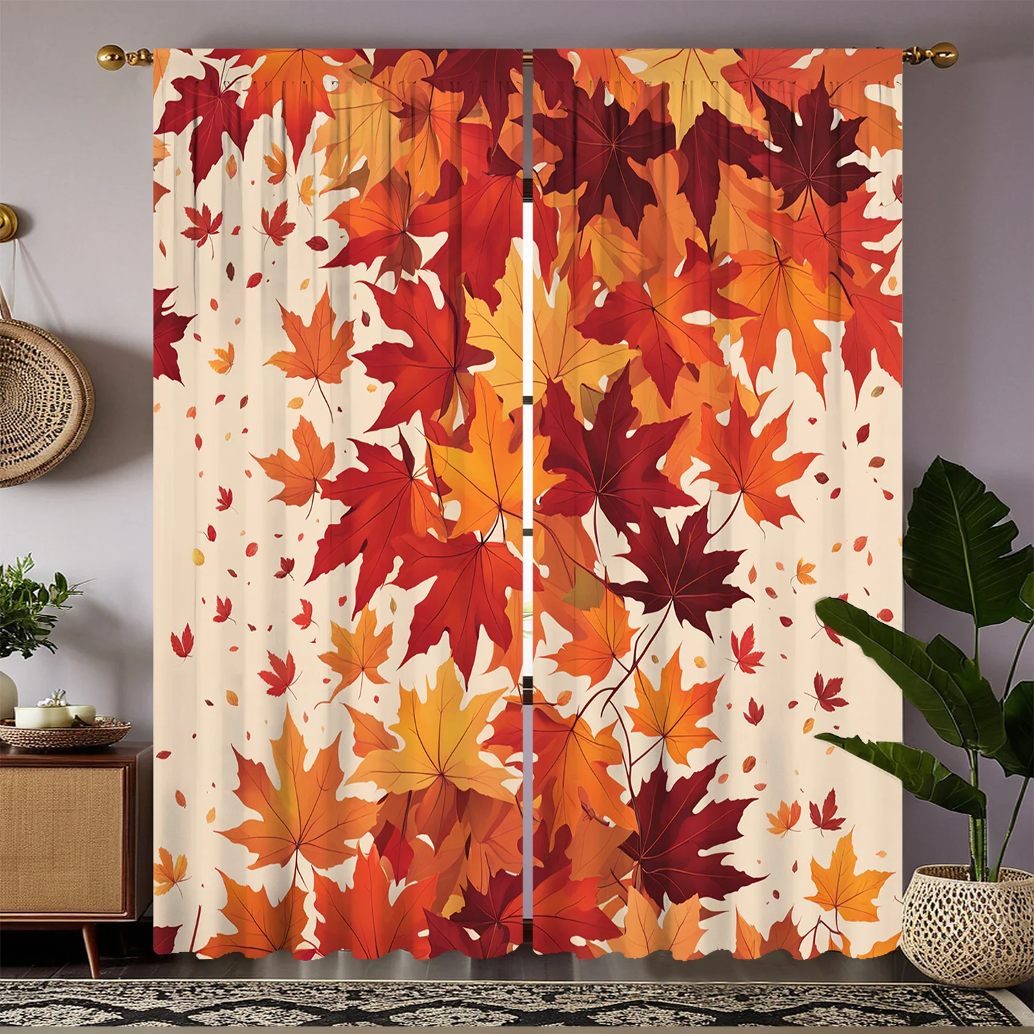 2pc Autumn maple leaf pattern curtains, polyester fabric, machine washable, suitable for bedroom and living room decoration