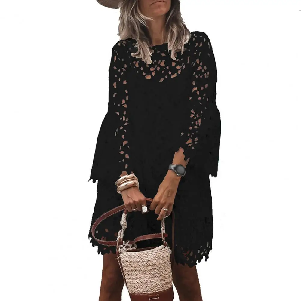 Two Pieces Set Women Sling Dress Cover-Up Set Lace Flare Sleeve Women Autumn Dress See Through Tunic Dress Sets White