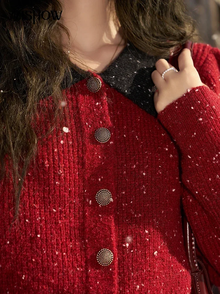 Autumn Winter Cropped Knitted Sweater Women Vintage Office Ladies Lapel Contrasting Polo Neck Knitted Cardigan Tops MXC56Z0440
