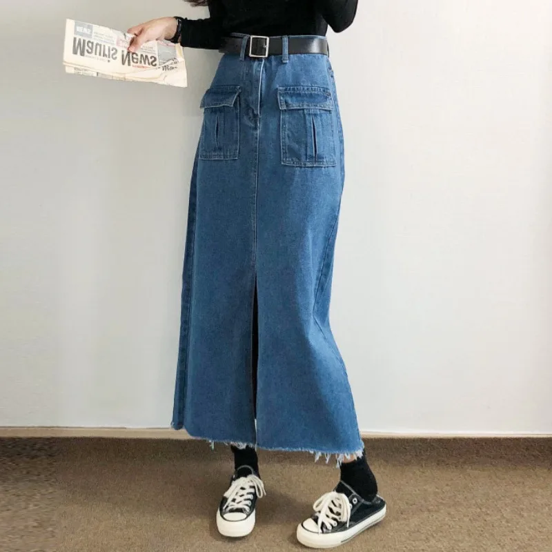 Retro High Waist A-Line Denim Skirt Women's Midi Skirt Front Slit Design Slimming Cotton Fabric Commute Sle Long Skirt