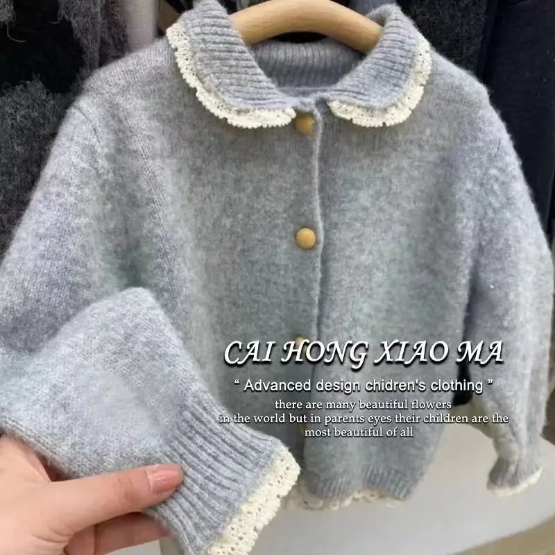 2025 Girls' Sweet and Popular Lace Korean Version Baby New Stylish and Versatile Lace Knitted Sweater Cardigan Jacket