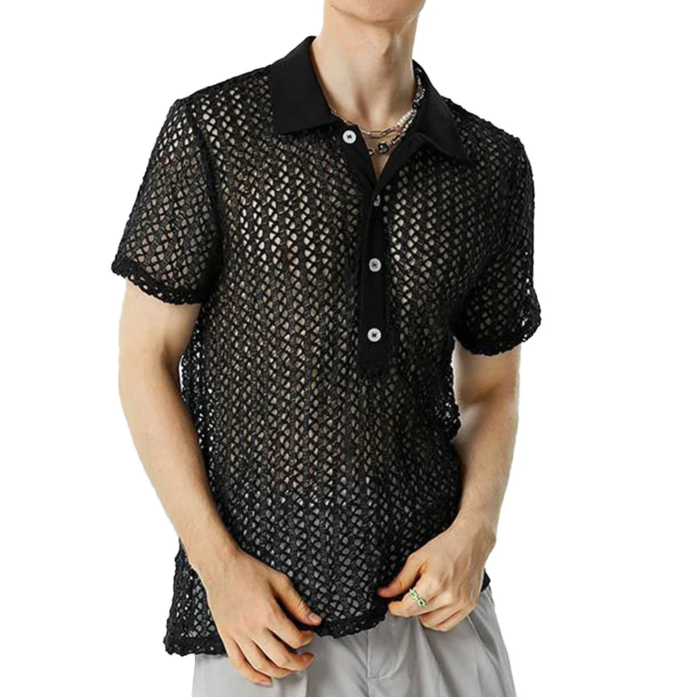 Men Casual Mesh Hollow Out Short Sleeve Tops Button V-Neck Streetwear Blouse Tee