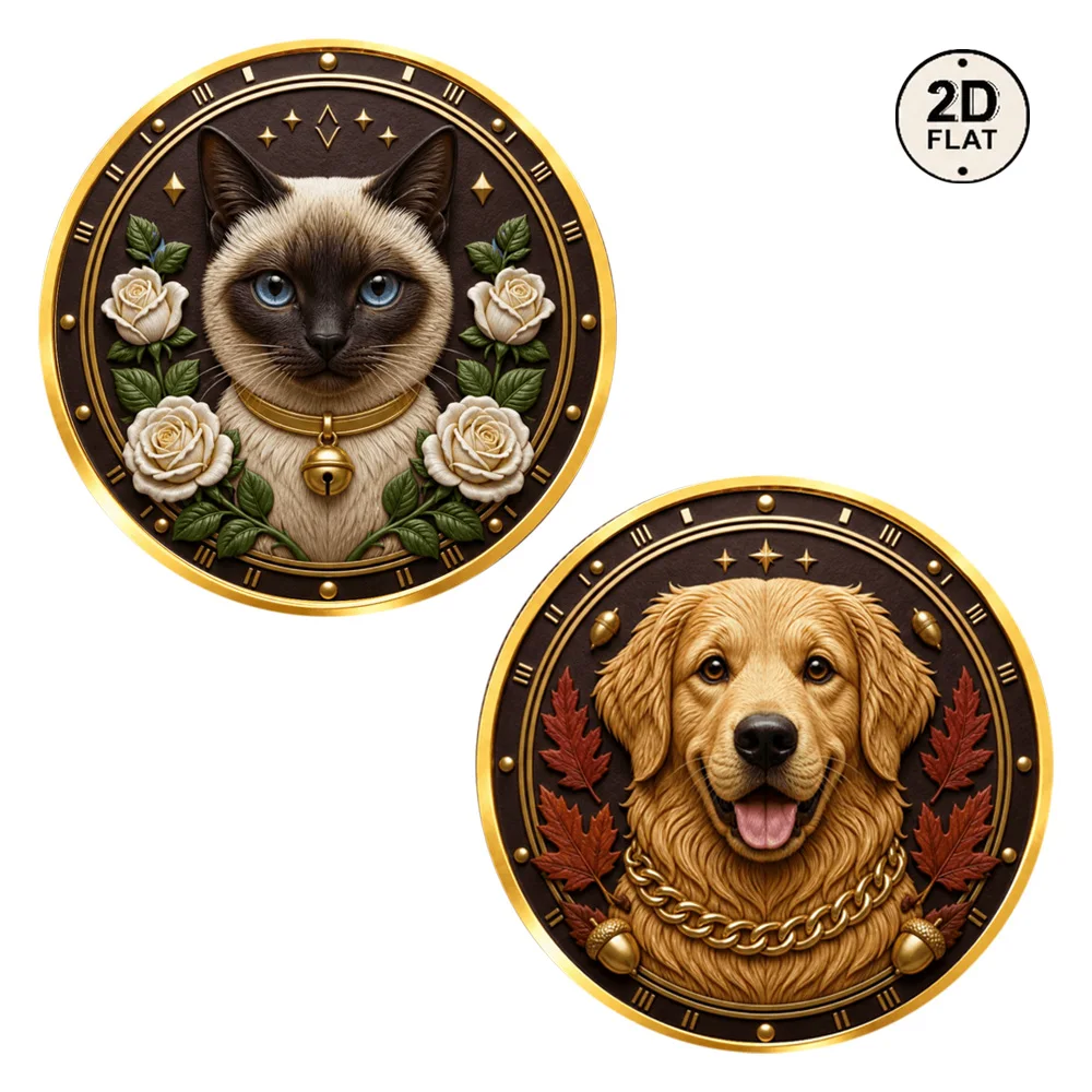 1pc Retro Clock Border Pet Portrait Metal Coin Siamese Cat & Golden Dog Challenge Coin Art Craft Keepsake Gift for Animal Fans