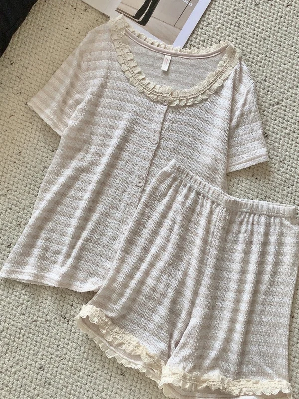 

2025 New Women's Cotton Stripe Spwear ort Sve Thin Set Home Clothes Outdoor Wearable Summer Sweet Cute Sle Two-Piece