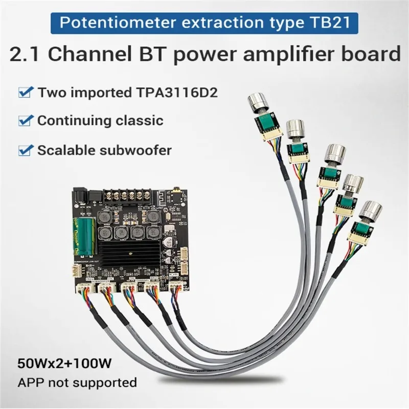 TPA3116 2.1 Channel Bluetooth-compatible 5.1 Amplifier Board 50W*2+100W TWS External Potentiometer Bass Audio Module