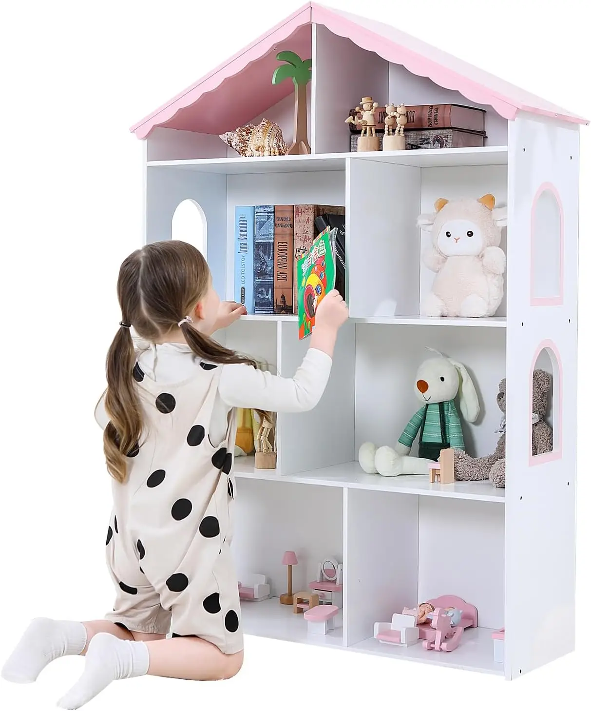 Wooden Dollhouse Bookshelf 4-Tier Children's Bookcase Display Storage Doll House Organizer Furniture for Kids Bedroom Playroom