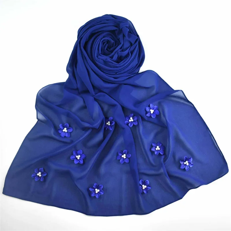 Malaysia Women Chiffon Hijab Scarf With Pearl Flower Shawls Breathable Headscarf 170*70cm  kimono femme musulmane  حجابات