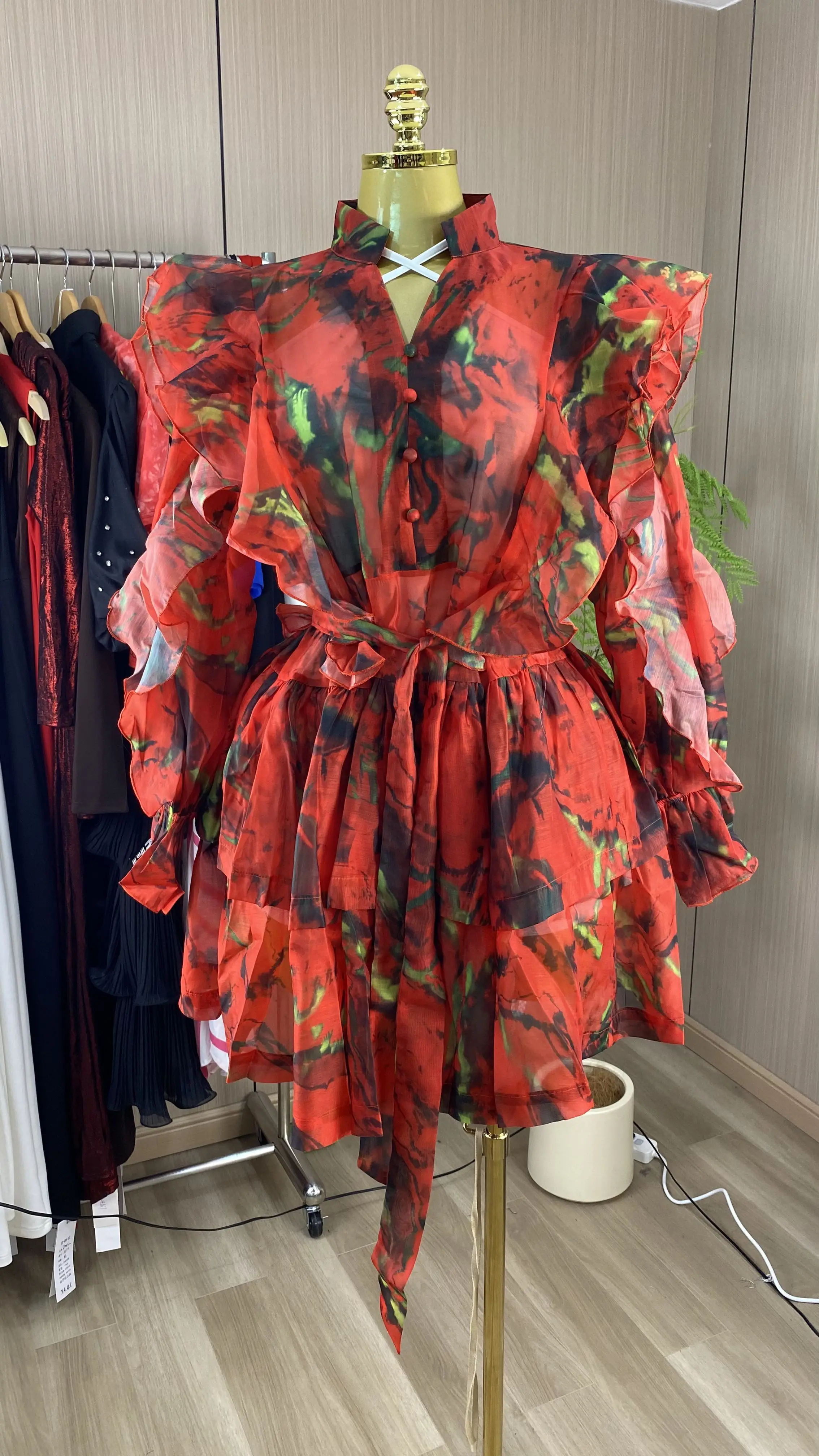 

Casual mini dress for women, spring/summer, long sleeves, V-neck, solid color, ruffled, loose fit, oversized party dress-GZXX882
