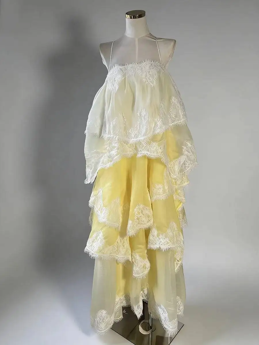 BJTZ Designer Exclusive Flowy Gradient Lace Applique Spaghetti Strap Maxi Dress Boho Beach Party Spring Summer 2026 New Arrival