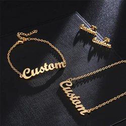 Akizoom Custom Name Baby Necklaces Bracelet Earrings Stainless Steel Personalized Jewelry Set for Woman Kids Birthday Gift