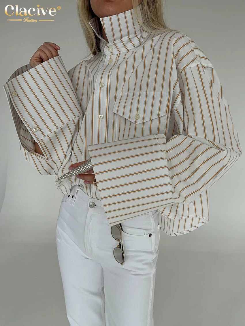 Clacive موضة فضفاض شريط طباعة قميص نسائي 2026 التلبيب عادية كم طويل بلوزة حريمي أنيقة الكلاسيكية ملابس نسائية #2